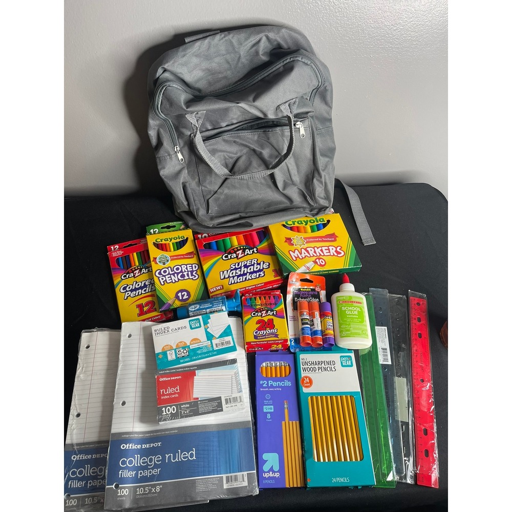 School Supply Bundle Grey Backpack Crayola Markers Pencils Paper Glue 40+ Pieces
